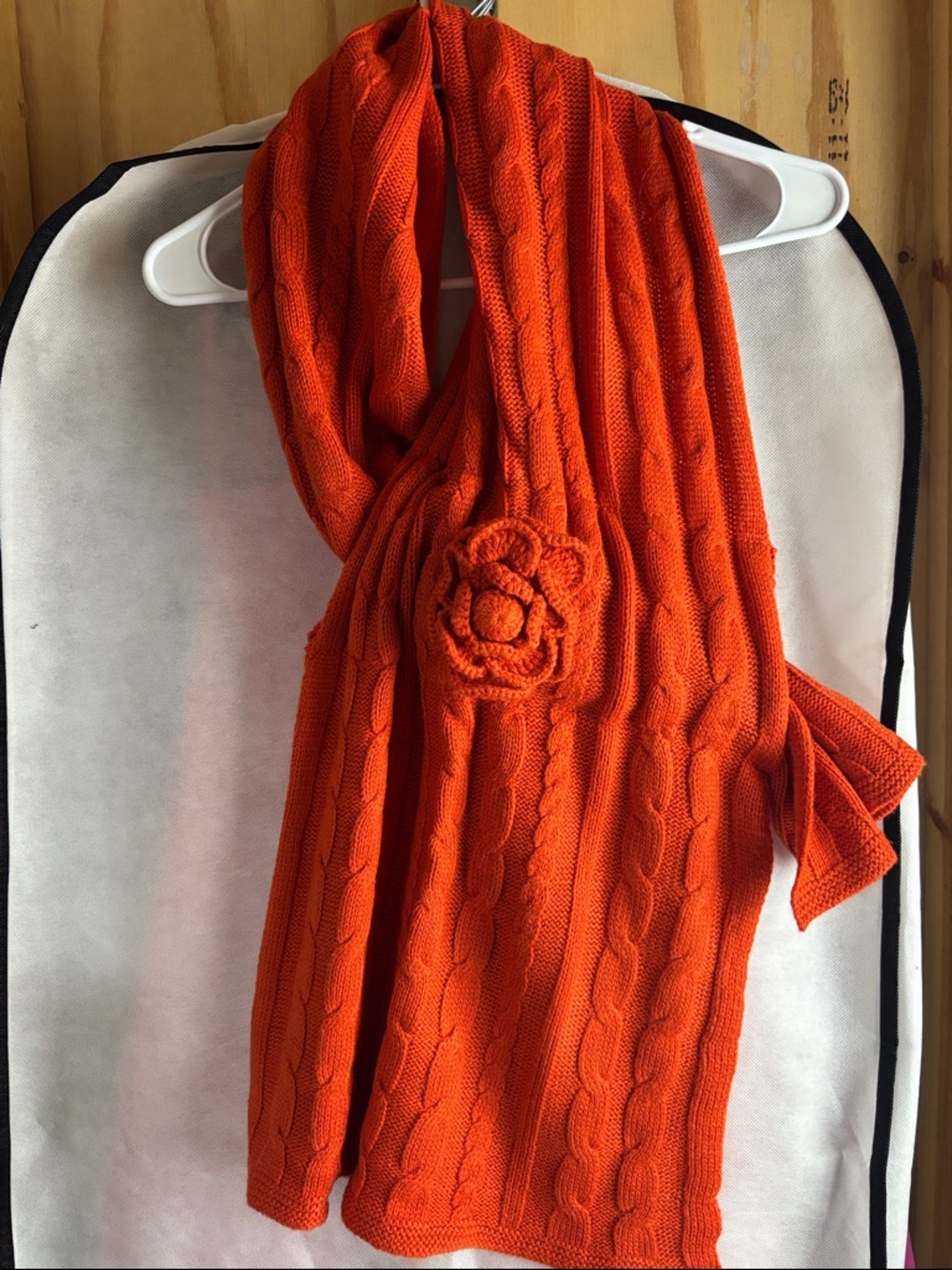Mud Pie Orange Cable Knit Scarf with Flower Accent with wrap thru pocket